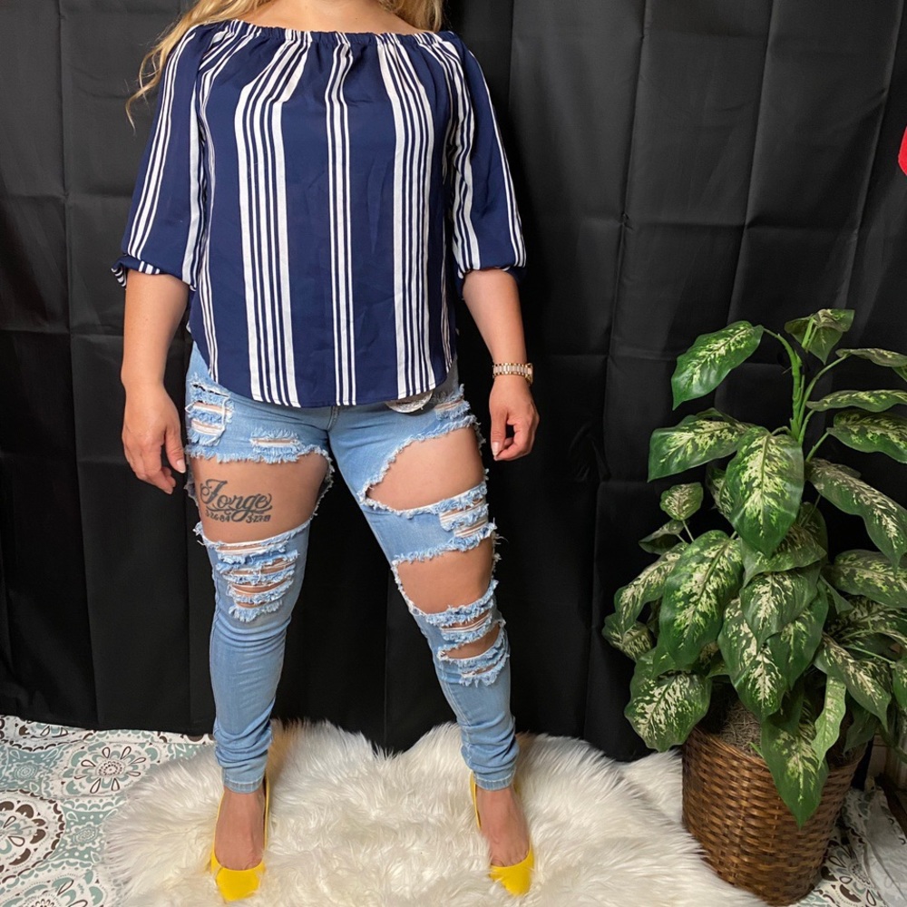 Stripped long sleeve off the shoulder blouse